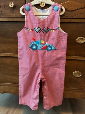 Red Gingham Baby Romper with Blue Race Car Applique